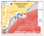 Figure 5. Image shows sea-floor coverage by the original uninterpolated reconnaissance single-beam (black) and shallow-water multibeam (red) bathymetry from the northern part of NOAA survey H11044 in north-central Long Island Sound off Milford, Connecticut.