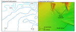 Figure 8. Detailed views of the contoured (left) and interpolated (right) bathymetry from National Oceanic and Atmospheric Administration survey H11044 south of Charles Island. Note the improved resolution of the rocky outcrops in the interpolated image. Location of view is shown in figure 2. 