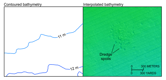 Figure 9. Detailed views of the contoured (left) and interpolated (right) bathymetry from National Oceanic and Atmospheric Administration survey H11044. Note the improved resolution of the dump site in the interpolated image. Location of view is shown in figure 2. 