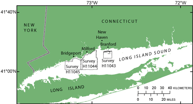 Figure 1. Locations of National Oceanic and Atmospheric Administration (NOAA) surveys H11043, H11044, and H11045 in Long Island Sound.