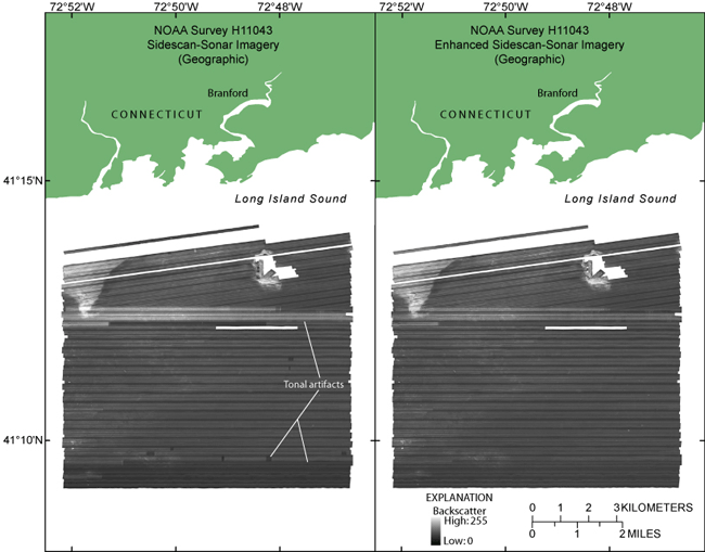 Figure 3. Sidescan-sonar imagery of National Oceanic and Atmospheric Administration survey H11043 (left) and enhanced imagery (right). Artifacts are still present in the enhanced imagery and might be due to a roll in the tow fish. Lighter tones represent higher backscatter and darker tones represent lower backscatter. Images are in geographic coordinate system.