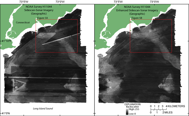 Figure 4. Sidescan-sonar imagery of National Oceanic and Atmospheric Administration survey H11044 (left) and enhanced imagery (right). Lighter tones represent higher backscatter, and darker tones represent lower backscatter. Images are in geographic coordinate system. Red rectangles show locations of images in fig. 5.