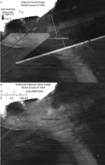 Figure 5. Detailed image of (A) sidescan-sonar imagery from National Oceanic and Atmospheric Administration survey H11044 and (B) enhanced imagery. The backscatter tones in groups of adjacent lines were matched to surrounding backscatter tones, as were tones of individual lines and segments. The high backscatter associated with an elongated bathymetric ridge is more easily delineated in the enhanced imagery. Lighter tones represent higher backscatter, and darker tones represent lower backscatter. Locations of images shown in fig. 4.