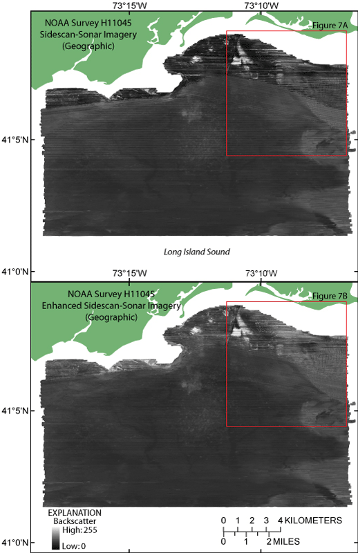 Figure 6. Sidescan-sonar imagery of National Oceanic and Atmospheric Administration survey H11045 (top) and enhanced imagery (bottom). Lighter tones represent higher backscatter and darker tones represent lower backscatter. Images are in geographic coordinate system. Red rectangles show locations of images in fig. 7. 