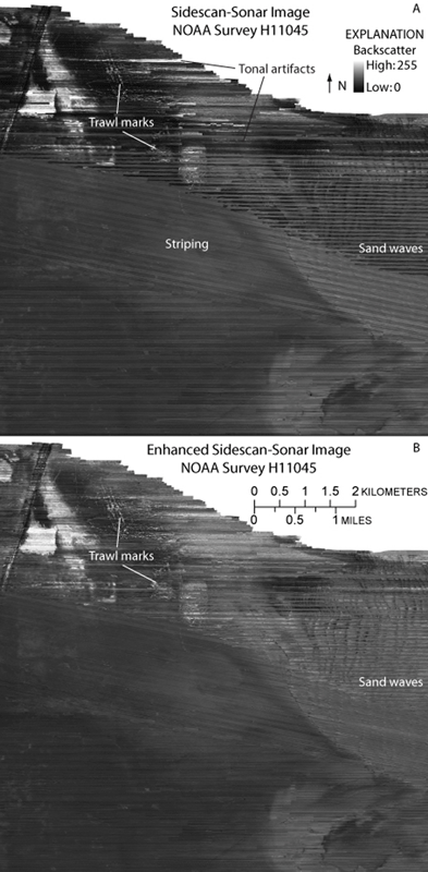 Figure 7. Detailed image of (A) sidescan-sonar imagery from National Oceanic and Atmospheric Administration survey H11045 and (B) enhanced imagery. Although artifacts are still present in the enhanced imagery, the striping has been minimized as much as possible. Sand waves and trawl marks are more easily distinguishable in the enhanced imagery. Locations of images shown in fig. 6.