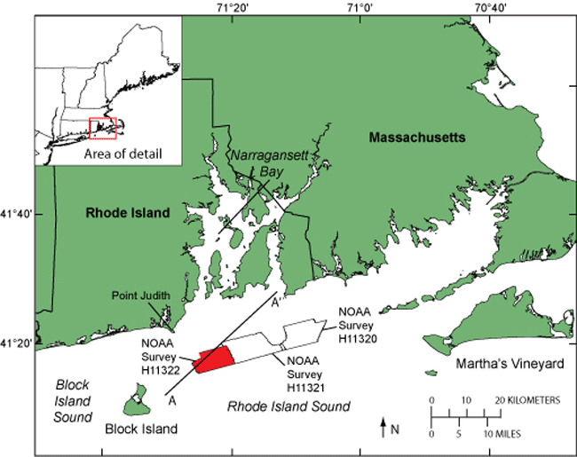 Figure 1. Location of National Oceanic and Atmospheric Administration (NOAA) survey H11322 study area (red polygon) in Rhode Island Sound, southeast of Point Judith, Rhode Island. Also shown are locations of NOAA surveys H11320 and H11321 and the seismic profile A-A' presented in figure 3. Inset shows location of study area off the northeastern United States. 