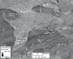 Figure 11. Detailed sidescan-sonar image showing erosional outliers in the northwestern part of the study area. Erosional outliers are characterized by low backscatter, presumably representing fine-grained fluvial and estuarine sediment, which form small plateaus about 1 meter high. Areas of high backscatter and megaripples are found between the erosional outliers. Location of image shown in figure 2. 