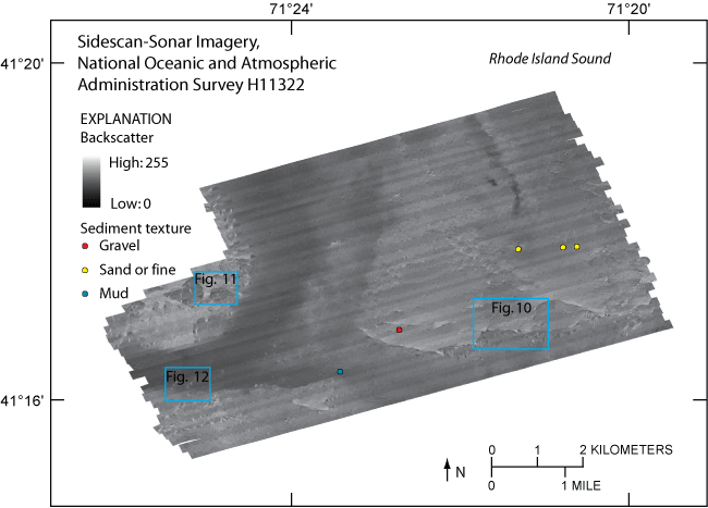 Figure 2. Sidescan-sonar image of National Oceanic and Atmospheric Administration survey H11322 in western Rhode Island Sound. Areas of high backscatter (lighter tones associated with generally coarser grained sediment) are observed on the bathymetric highs in much of the eastern, northwestern, and southwestern parts of the study area. 
