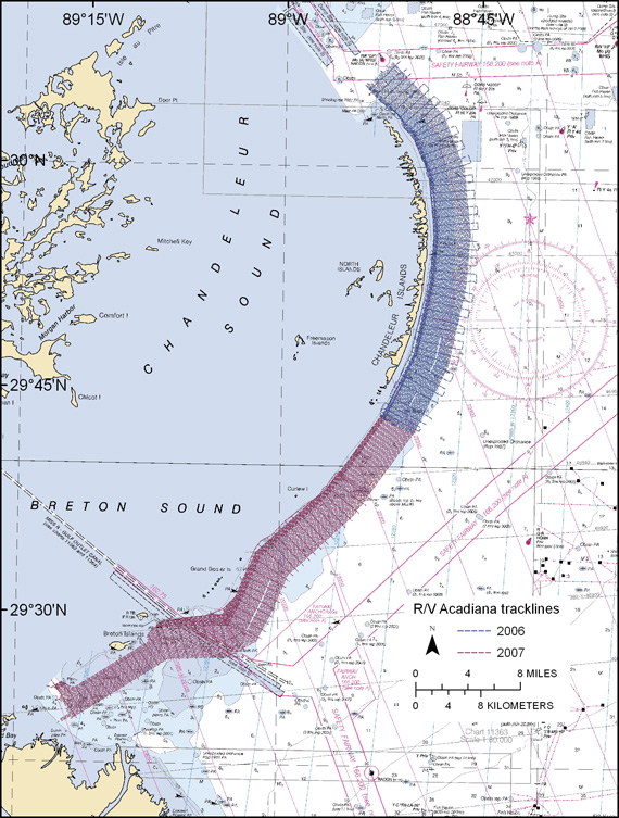 Figure 2. Geophysical survey areas of 2006 and 2007 offshore of the Chaneleur Islands in Eastern Louisiana (Regional location outline in Fig 1A). 
